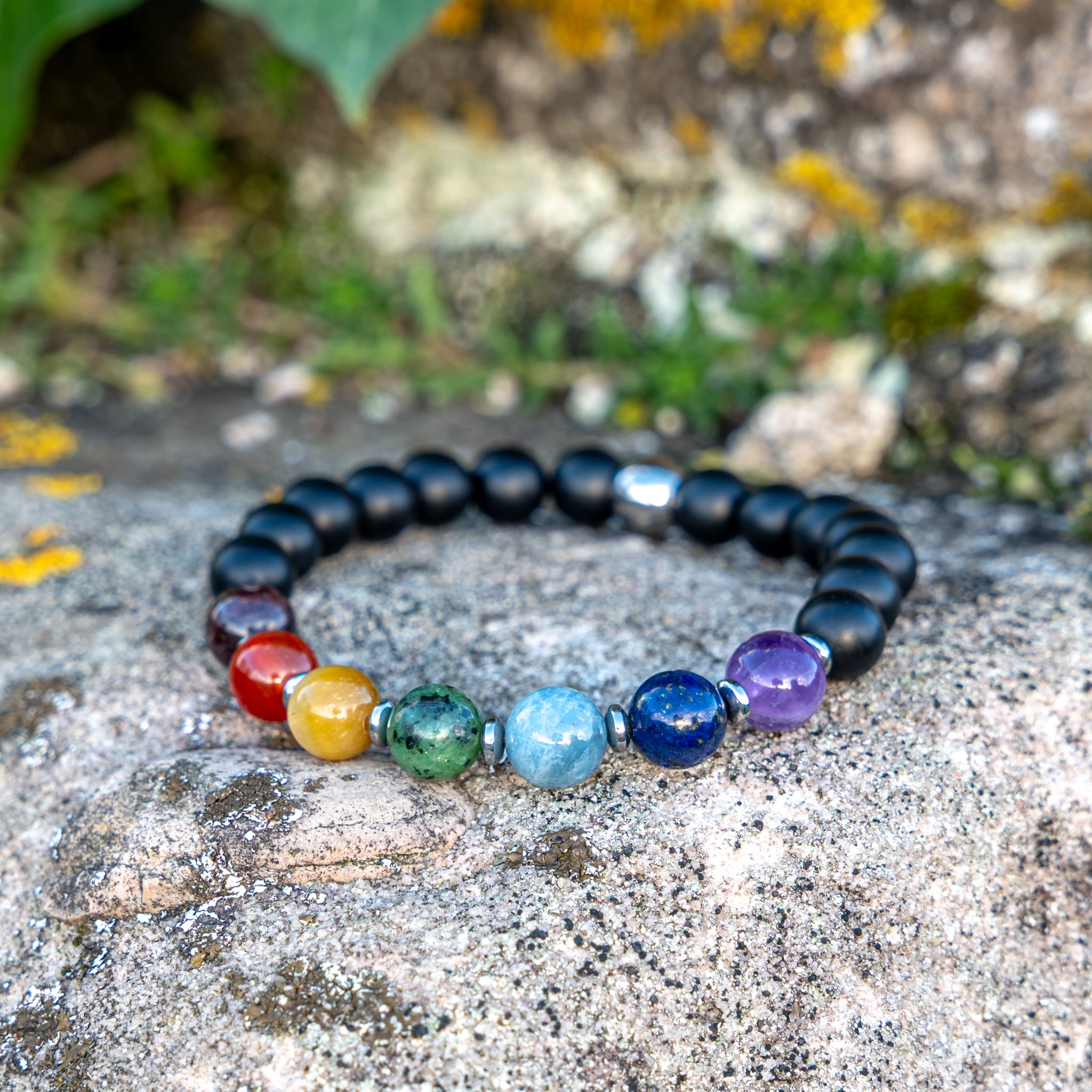 Bracelet élastique en Onyx, 7 Chakras, mixte